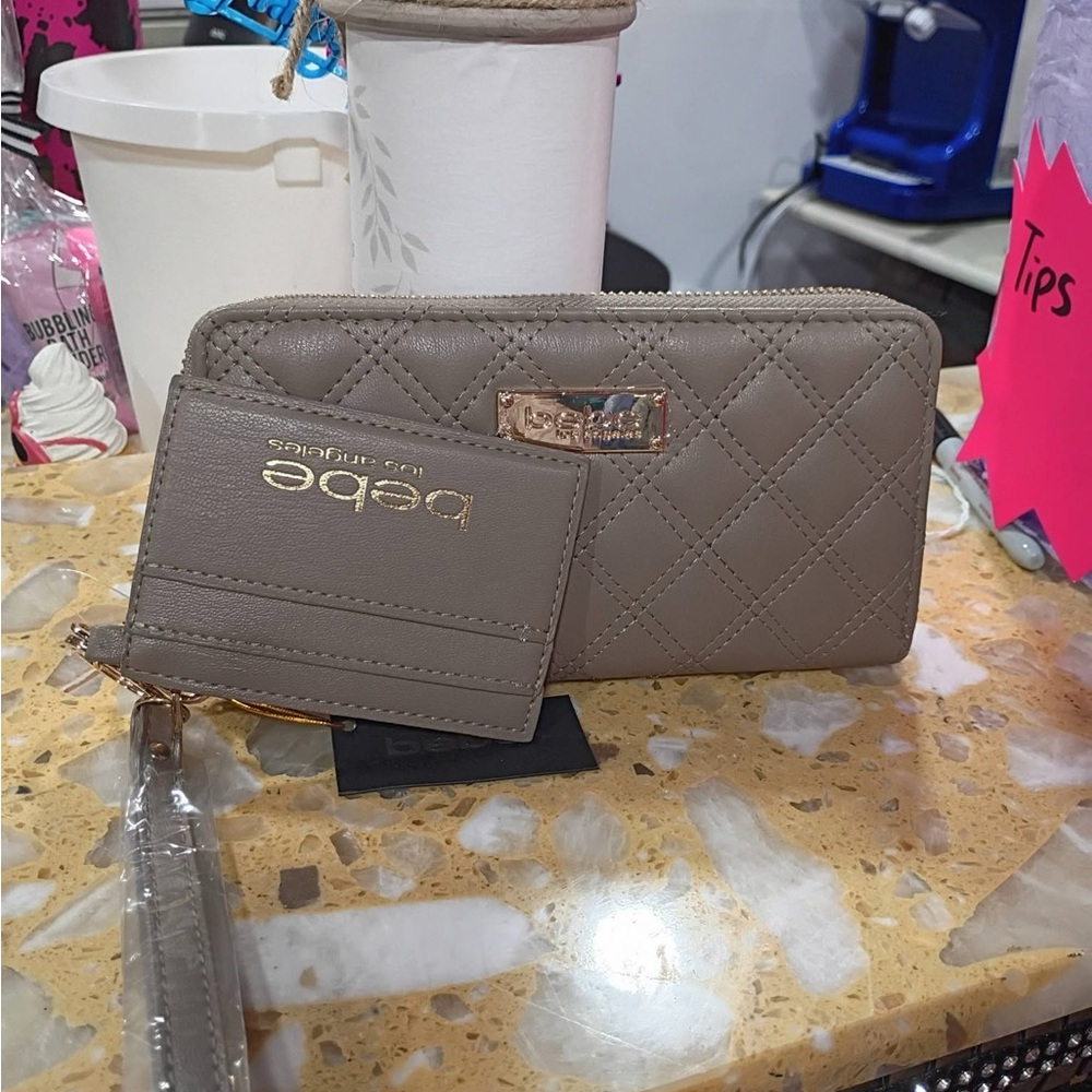 bebe Quilted Taupe Wallet with Matching Card Holder